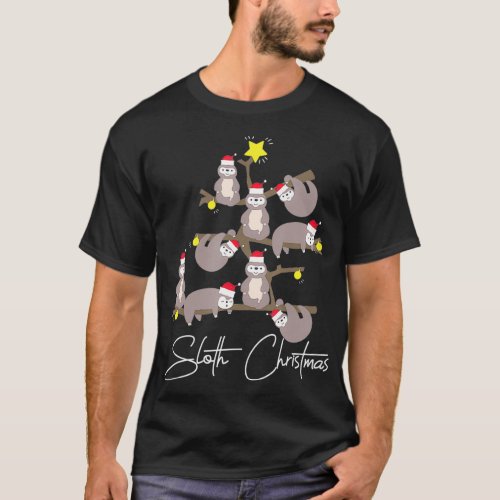 Merry Sloth Christmas  Christmas Tree Santa Hat  T_Shirt