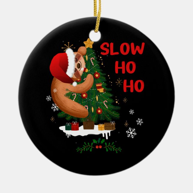 Merry Slothmas Christmas Sloth Santa Hat Sleeping  Ceramic Ornament (Front)