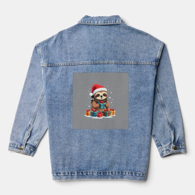 Merry Slothmas cute Christmas sloth Santa hat Xmas Denim Jacket (Back)