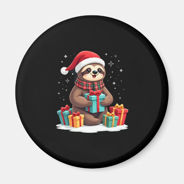 Merry Slothmas cute Christmas sloth Santa hat Xmas Magnet (Front)