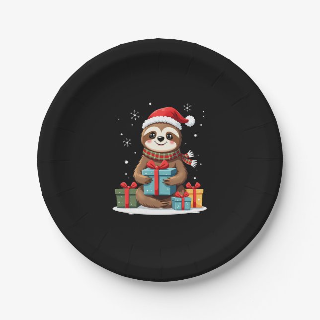 Merry Slothmas cute Christmas sloth Santa hat Xmas Paper Plates (Front)