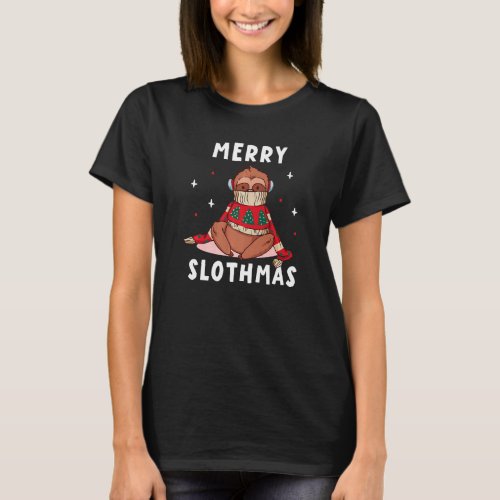 Merry Slothmas Cute Freezing Sloth Headset Relaxin T_Shirt