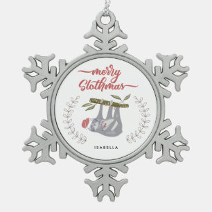 Merry Slothmas Cute Personalized Hanging Sloth Snowflake Pewter Christmas Ornament