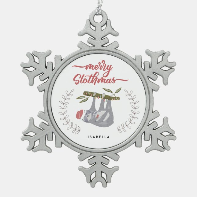 Merry Slothmas Cute Personalized Hanging Sloth Snowflake Pewter Christmas Ornament (Front)