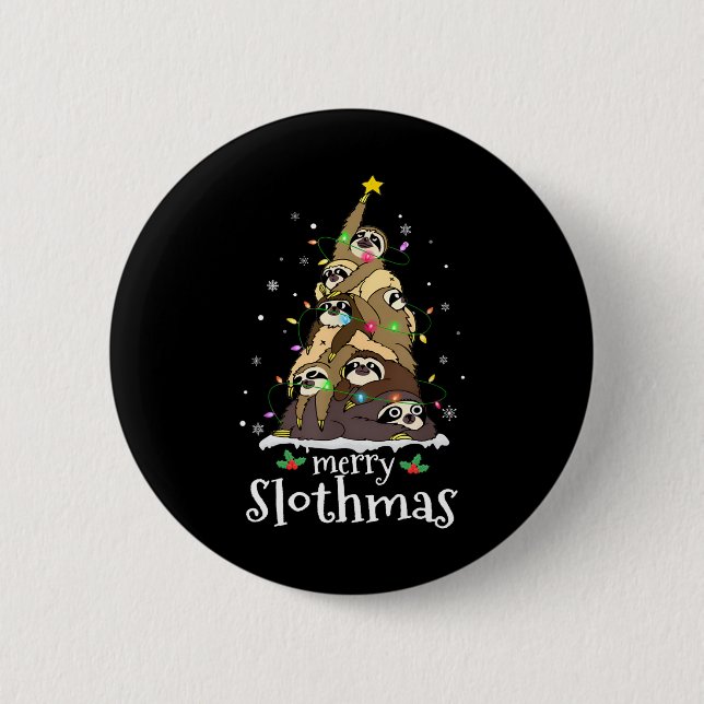 Merry Slothmas Cute Xmas Sloth Santa Hat Christmas Button (Front)