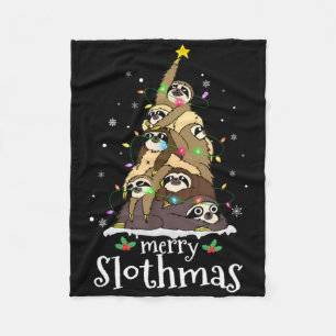 Merry Slothmas Cute Xmas Sloth Santa Hat Christmas Fleece Blanket