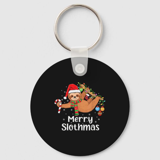 Merry Slothmas Cute Xmas Sloth Santa Hat Christmas Keychain (Front)
