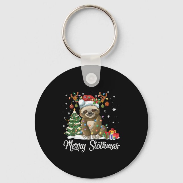 Merry Slothmas Funny Sloth Christmas Tree Lights X Keychain (Front)