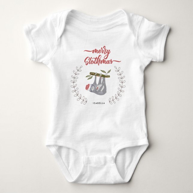 Merry Slothmas Holiday Sloth Personalized Wreath Baby Bodysuit (Front)