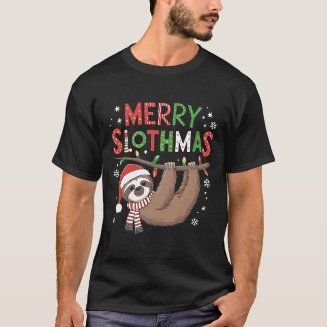 Merry Slothmas Santa Hat Pajamas Sloth Lover Girls T-Shirt (Front)