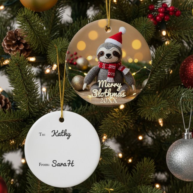Merry Slothmas Santa Sloth Personalized Ceramic Ornament (For lovers of sloths and Christmas ornaments!)