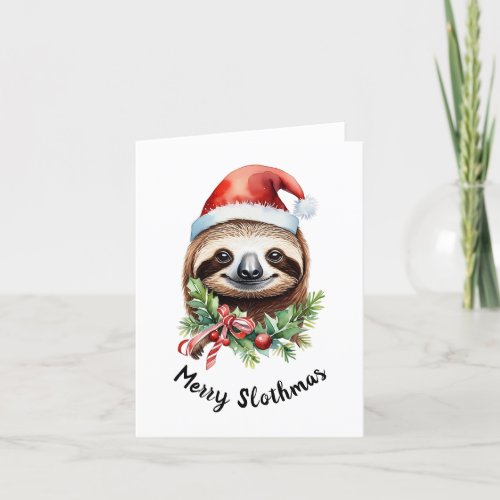 Merry Slothmas Sloth in Santa Hat Blank Holiday Card
