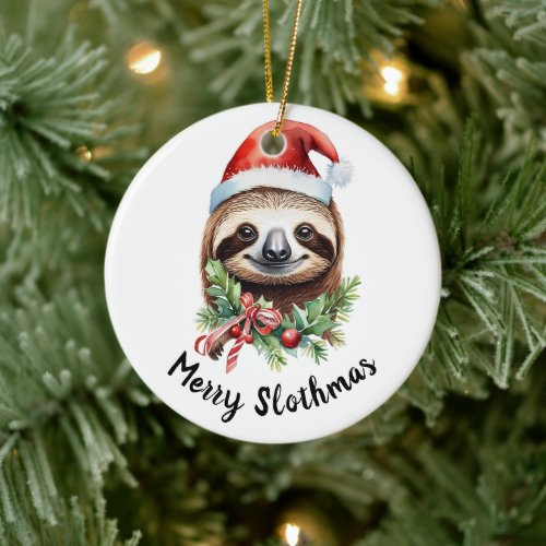 Merry Slothmas Sloth in Santa Hat Ceramic Ornament