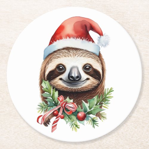 Merry Slothmas Sloth in Santa Hat Red Bow Round Paper Coaster