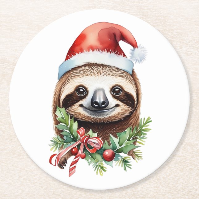 Merry Slothmas Sloth in Santa Hat Red Bow Round Paper Coaster (Front)