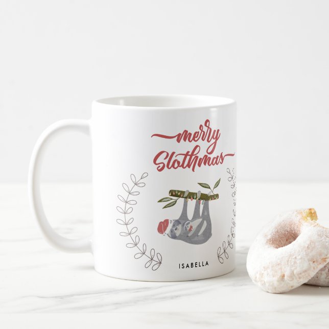 Merry Slothmas Sloth Inspired Personalized Holiday Coffee Mug (With Donut)
