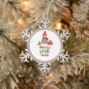 Merry Slothmas Snowflake Pewter Christmas Ornament