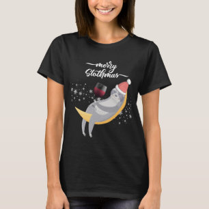 Merry Slothmas Wine Drinking Sloth Moon Holiday T-Shirt
