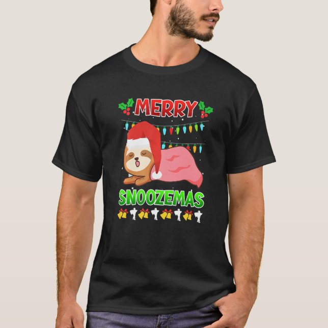 Merry Snoozemas sloth laziness Ugly Christmas T-Shirt (Front)