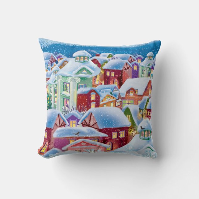 Merry, snow-covered New Year's houses Throw Pillow (Front)