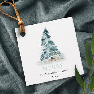 Merry Snow Watercolor Pine Christmas Tree Gifts Favor Tags