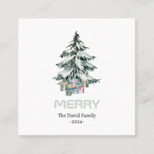 Merry Snow Watercolor Pine Christmas Tree Gifts Square Business Card
