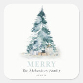 Merry Snow Watercolor Pine Christmas Tree Gifts Square Sticker (Front)