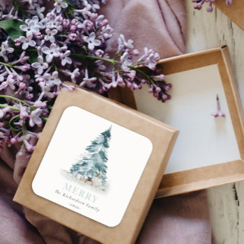 Merry Snow Watercolor Pine Christmas Tree Gifts Square Sticker by YellowFebPaperie at Zazzle