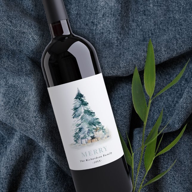 Merry Snow Watercolor Pine Christmas Tree Gifts Wine Label (Creator Uploaded)