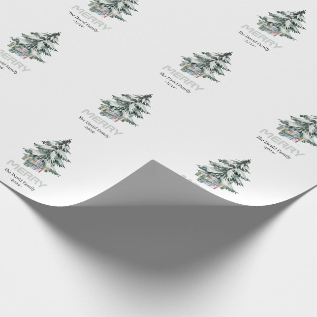 Merry Snow Watercolor Pine Christmas Tree Gifts  Wrapping Paper (Corner)