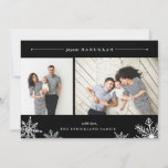 Merry Snowflake Hanukkah Photo Card | Black<br><div class="desc">Elegant and modern Hanukkah photo card features two favorite photos aligned side by side, with "Joyous Hanukkah" at the top in white italic and block typography. Personalize with your custom greeting and name at the bottom, accented by four white snowflake illustrations. A rich black background adds classic elegance to your...</div>