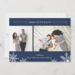 Merry Snowflake Hanukkah Photo Card | Navy<br><div class="desc">Elegant and modern Hanukkah photo card features two favorite photos aligned side by side, with "Joyous Hanukkah" at the top in white italic and block typography. Personalize with your custom greeting and name at the bottom, accented by four white snowflake illustrations. A navy blue background adds classic elegance to your...</div>