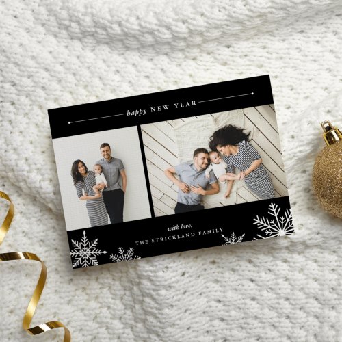 Merry Snowflake New Year Photo Card  Black