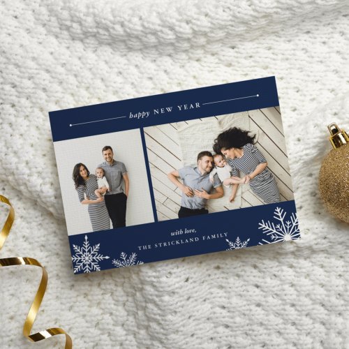 Merry Snowflake New Year Photo Card  Navy