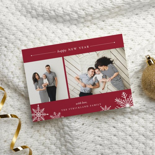 Merry Snowflake New Year Photo Card  Red