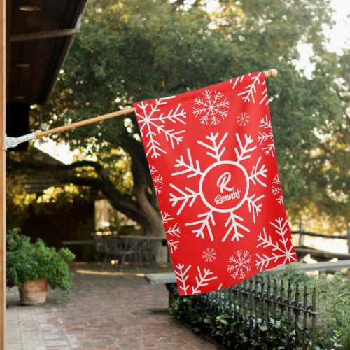 Merry Snowflake Red House Flag