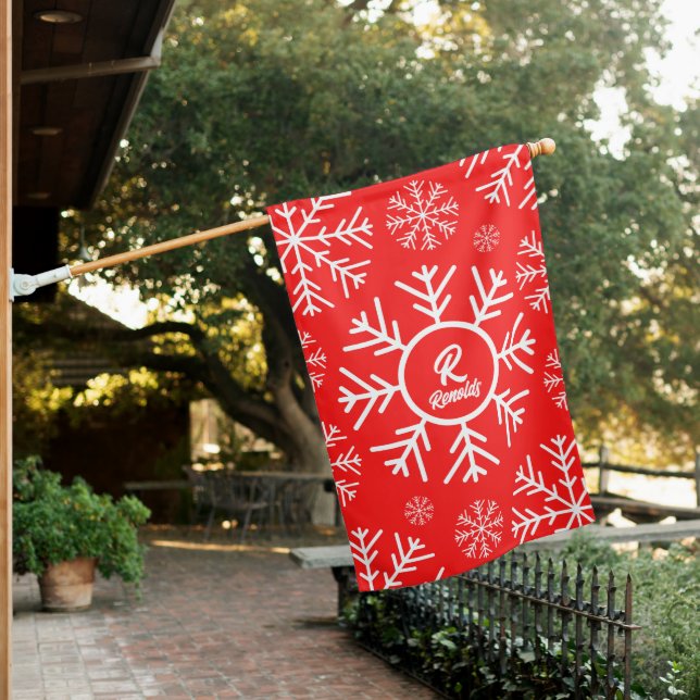 Merry Snowflake Red House Flag (In SItu)