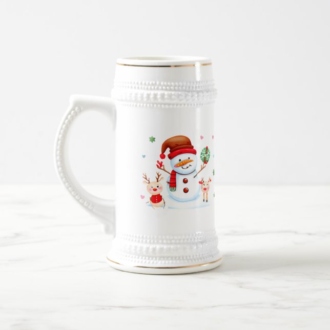 Merry Snowman and Bright Baby Reindeers Beer Stein (Left)
