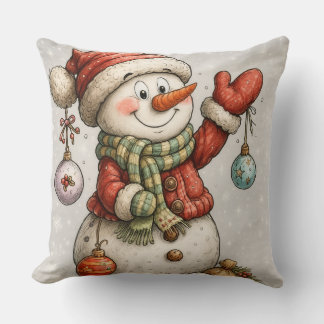 Merry snowman with Christmas balls Throw Pillow