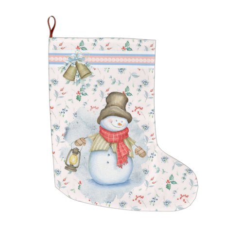 Merry snowman with lantern and Holly berry bells Large Christmas Stocking