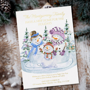 Merry Snowmen New Home for Holidays Gold Foil Holiday Card