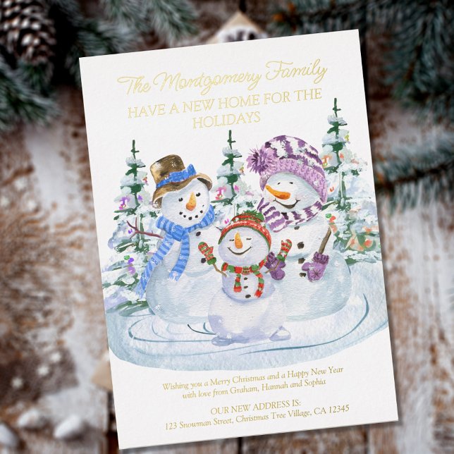 Merry Snowmen New Home for Holidays Gold Foil Holiday Card (Creator Uploaded)