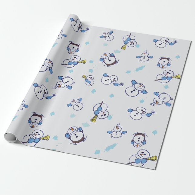 Merry Snowmen Playing in the Snow Wrapping Paper (Unrolled)