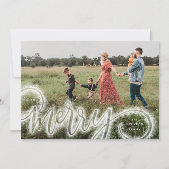 Merry Sparkle Hand Lettered Photo Christmas Card (Front)