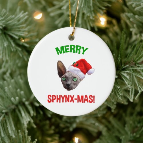 Merry Sphynx_Mas Funny Christmas Sphynx Cat Lover Ceramic Ornament