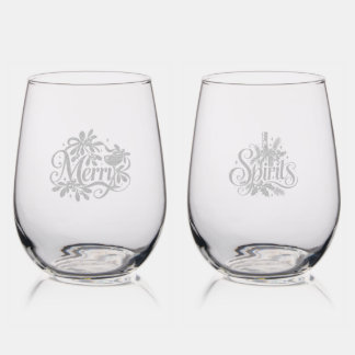 Merry Spirits Christmas Cocktail Typography Pair Stemless Wine Glass