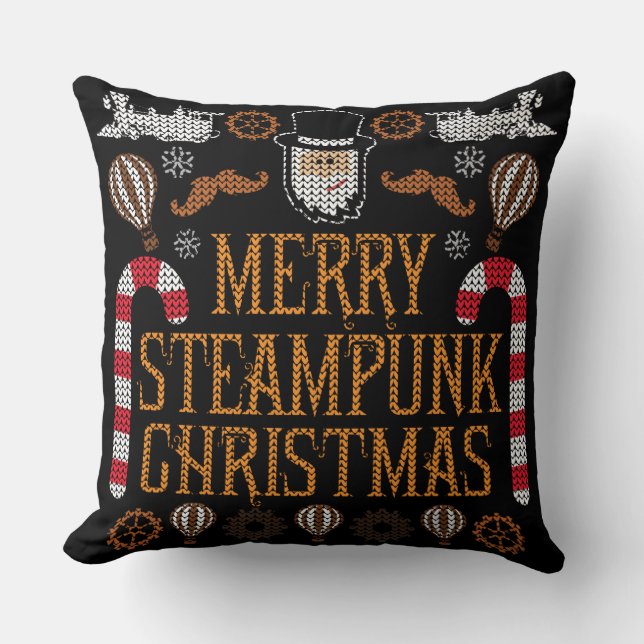 Merry Steampunk Christmas Ugly Sweater Pillow (Front)
