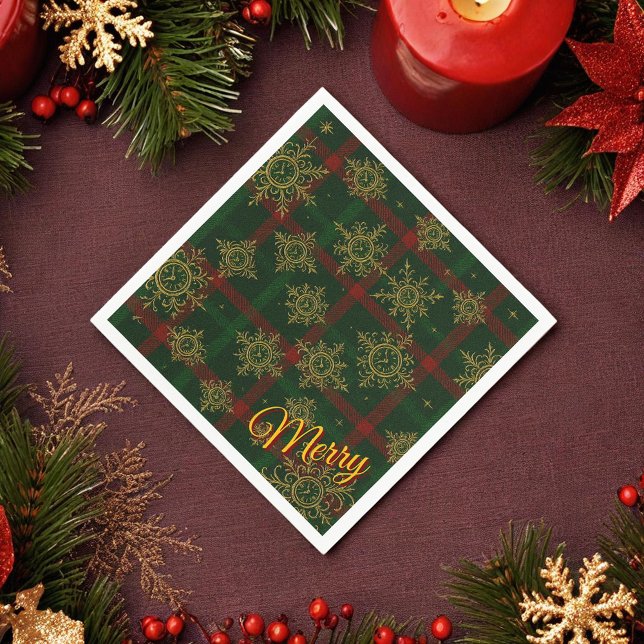 Merry Steampunk Snowflake Red and Green Tartan Napkins (Creator Uploaded)