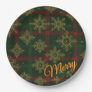 Merry Steampunk Snowflake Red and Green Tartan Paper Plates