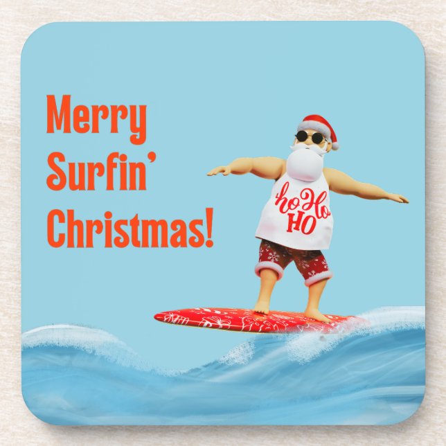 Merry Surfin' Christmas Santa on Surfboard Beverage Coaster (Front)
